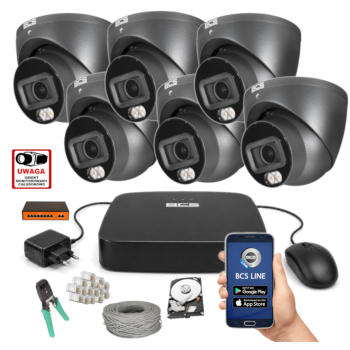 ZESTAW MONITORINGU IP BCS 4MPx – 6 Kamer Kopułkowych Grafitowych, Dysk 1TB, Switch PoE, Zdalny Dostęp, Akcesoria